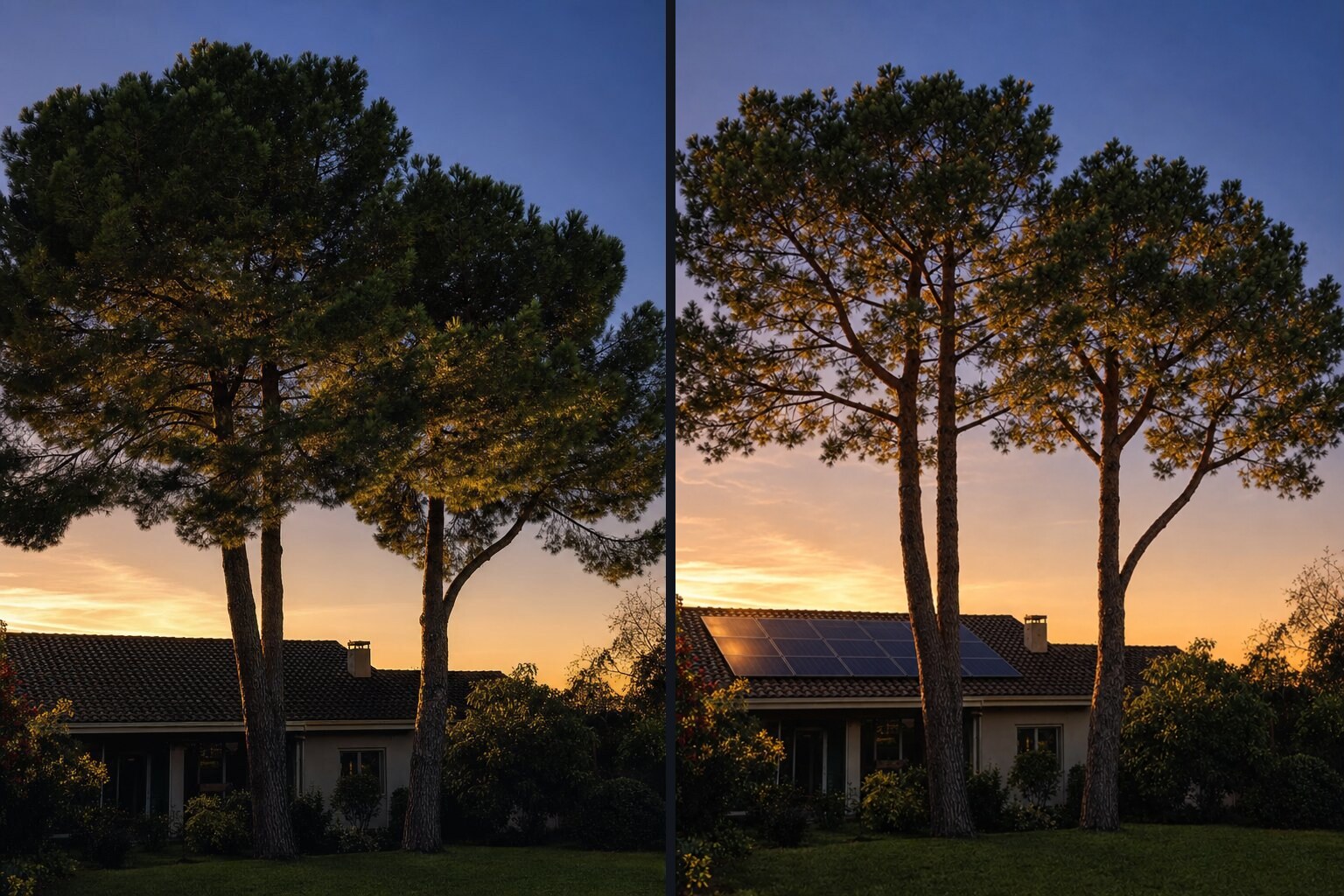 Before and after selective pruning: the pines stay, the roof gets the sun