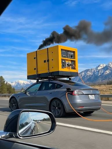 Ein Elektroauto mit einem qualmenden Generator auf dem Dach.